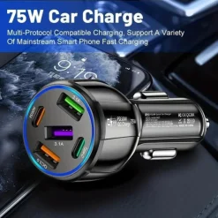 5-in-1 Dual line Car Charger 75W Quick Charge One Tow Five 3USB2PD Car Phone Charger