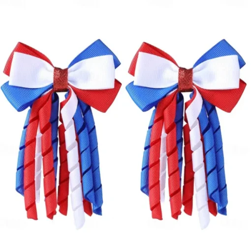 Independence Day Hair Bow Clips 3 Inch Red White Blue Curly Ribbon Hair Clips Handmade School Kids Girls Hair Accessories for 4th of July