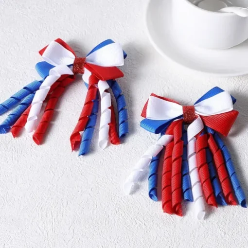 Independence Day Hair Bow Clips 3 Inch Red White Blue Curly Ribbon Hair Clips Handmade School Kids Girls Hair Accessories for 4th of July