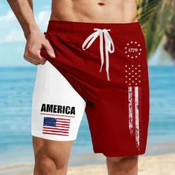 Independence Day Men's American US Flag Patriotic 1776 Lined Shorts 2 in 1 Board Shorts Swim Trunks Mid Waist Holiday Side Pockets With Compression Liner Elastic Drawstring Waist Designer Clothing