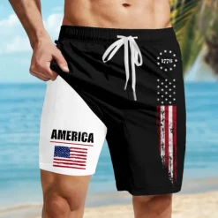 Independence Day Men's American US Flag Patriotic 1776 Lined Shorts 2 in 1 Board Shorts Swim Trunks Mid Waist Holiday Side Pockets With Compression Liner Elastic Drawstring Waist Designer Clothing