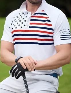 Independence Day Men's American US Flag Polo Short Sleeve Polo Shirts Polo Collar Sporty Casual Daily Casual Festival Buttons 3D Print Raglan Sleeves Summer White Navy Blue Military Green