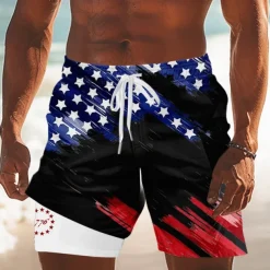 Independence Day Men's US Flag Patriotic Fourth of July Lined Shorts 2 in 1 Board Shorts Swim Trunks Mid Waist Holiday Side Pockets With Compression Liner Elastic Drawstring Waist Designer Clothing