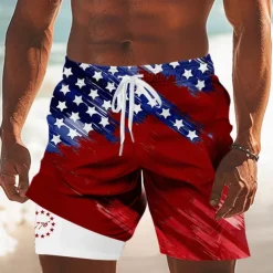 Independence Day Men's US Flag Patriotic Fourth of July Lined Shorts 2 in 1 Board Shorts Swim Trunks Mid Waist Holiday Side Pockets With Compression Liner Elastic Drawstring Waist Designer Clothing