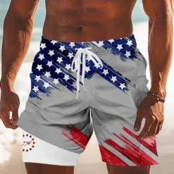 Independence Day Men's US Flag Patriotic Fourth of July Lined Shorts 2 in 1 Board Shorts Swim Trunks Mid Waist Holiday Side Pockets With Compression Liner Elastic Drawstring Waist Designer Clothing