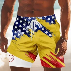 Independence Day Men's US Flag Patriotic Fourth of July Lined Shorts 2 in 1 Board Shorts Swim Trunks Mid Waist Holiday Side Pockets With Compression Liner Elastic Drawstring Waist Designer Clothing