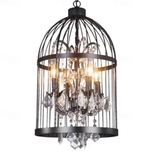 Industrial 13.78" 4 Lights Pendant Retro Chandelier Vintage Ceiling Light lamp Bird Cage Shaped Bedroom Pendant Hanging Lighting Fixture with Crystal Accent in Black Finish