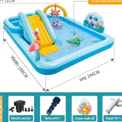 Inflatable Dinosaur Play Center Outdoor Playhouse Inflatable Water Park with Kid Pool Slide, Water Sprayer, Waterfall, and 6 Balls, Multicolor