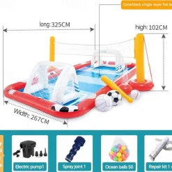 Inflatable Dinosaur Play Center Outdoor Playhouse Inflatable Water Park with Kid Pool Slide, Water Sprayer, Waterfall, and 6 Balls, Multicolor