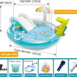 Inflatable Dinosaur Play Center Outdoor Playhouse Inflatable Water Park with Kid Pool Slide, Water Sprayer, Waterfall, and 6 Balls, Multicolor