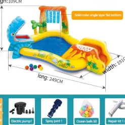 Inflatable Dinosaur Play Center Outdoor Playhouse Inflatable Water Park with Kid Pool Slide, Water Sprayer, Waterfall, and 6 Balls, Multicolor