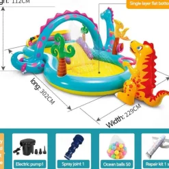 Inflatable Dinosaur Play Center Outdoor Playhouse Inflatable Water Park with Kid Pool Slide, Water Sprayer, Waterfall, and 6 Balls, Multicolor