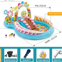 Inflatable Dinosaur Play Center Outdoor Playhouse Inflatable Water Park with Kid Pool Slide, Water Sprayer, Waterfall, and 6 Balls, Multicolor