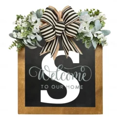 Initial Last Name Year Round Front Door Wreath Welcome Sign Garland Personalized Creative 26 Letter Farmhouse Wreath for Front Door Spring All Seasons Outside Hanger Decor Gift