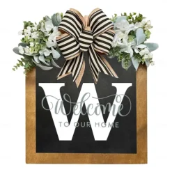 Initial Last Name Year Round Front Door Wreath Welcome Sign Garland Personalized Creative 26 Letter Farmhouse Wreath for Front Door Spring All Seasons Outside Hanger Decor Gift