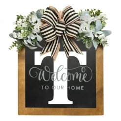 Initial Last Name Year Round Front Door Wreath Welcome Sign Garland Personalized Creative 26 Letter Farmhouse Wreath for Front Door Spring All Seasons Outside Hanger Decor Gift