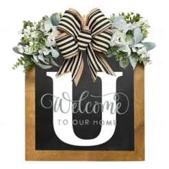 Initial Last Name Year Round Front Door Wreath Welcome Sign Garland Personalized Creative 26 Letter Farmhouse Wreath for Front Door Spring All Seasons Outside Hanger Decor Gift