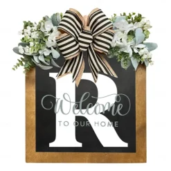 Initial Last Name Year Round Front Door Wreath Welcome Sign Garland Personalized Creative 26 Letter Farmhouse Wreath for Front Door Spring All Seasons Outside Hanger Decor Gift