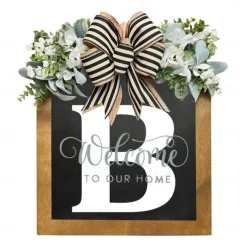 Initial Last Name Year Round Front Door Wreath Welcome Sign Garland Personalized Creative 26 Letter Farmhouse Wreath for Front Door Spring All Seasons Outside Hanger Decor Gift