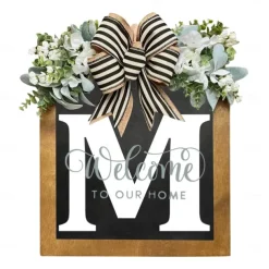 Initial Last Name Year Round Front Door Wreath Welcome Sign Garland Personalized Creative 26 Letter Farmhouse Wreath for Front Door Spring All Seasons Outside Hanger Decor Gift