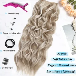 Invisible Wire Hair Extensions Secret Hair Extensions with Adjustable 4 Clips Soft Transparent Lace Natural Long Wavy Hair Extensions for Women