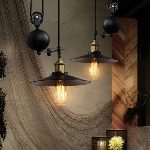 Iron Indoor Island Pulley Chandelier Retro Pendant Light Finish with Highlights Metallic Interior Ceiling Hanging Lamp