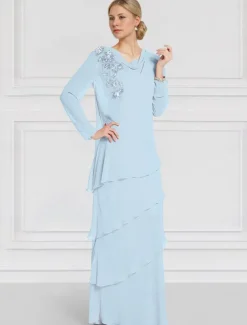 Jacket Dress Mother of the Bride Long Sleeve with Lace Ruffles Chiffon Elegant Vintage Crew Neck Floor Length Dress Cascading Ruffles