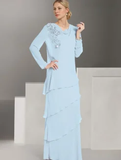 Jacket Dress Mother of the Bride Long Sleeve with Lace Ruffles Chiffon Elegant Vintage Crew Neck Floor Length Dress Cascading Ruffles
