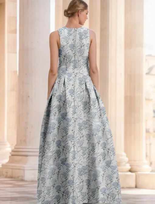 Jacquard A-Line Evening Gown Floral Elegant Dress Formal Wedding Floor Length Sleeveless V Neck Nylon with Slit Pocket Wedding Guest Dress