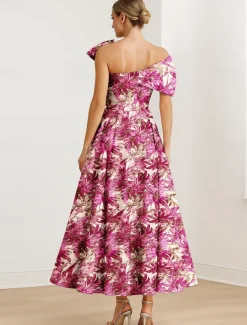 Jacquard Brocade Floral A-Line Cocktail Dresses Elegant Dress Formal Wedding Guest Ankle Length Short Sleeve One Shoulder Pocket Nylon with Bow(s) Pocket