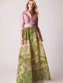 Jacquard Brocade Floral A-Line Evening Gown Elegant Dress Formal Wedding Guest Floor Length Long Sleeve Shirt Collar Pocket Nylon with Floral Print Bow(s) Slit