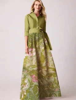 Jacquard Brocade Floral A-Line Evening Gown Elegant Dress Formal Wedding Guest Floor Length Long Sleeve Shirt Collar Pocket Nylon with Floral Print Bow(s) Slit
