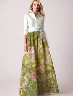 Jacquard Brocade Floral A-Line Evening Gown Elegant Dress Formal Wedding Guest Floor Length Long Sleeve Shirt Collar Pocket Nylon with Floral Print Bow(s) Slit