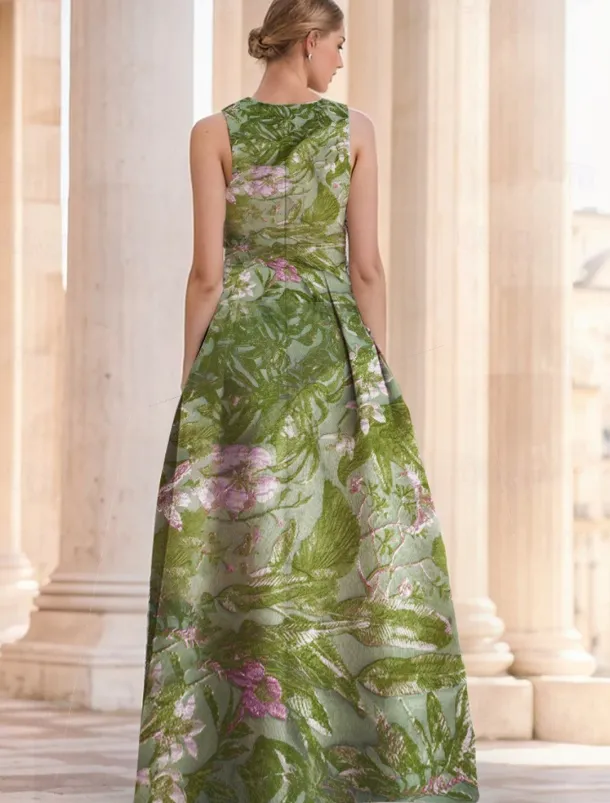 Jacquard Brocade Floral A-Line Evening Gown Elegant Dress Formal Wedding Floor Length Sleeveless V Neck Nylon with Slit Pocket Wedding Guest Dress