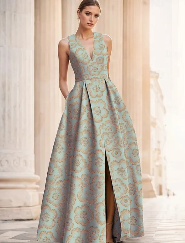 Jacquard Brocade Floral A-Line Evening Gown Elegant Dress Formal Wedding Floor Length Sleeveless V Neck Nylon with Slit Pocket Wedding Guest Dress