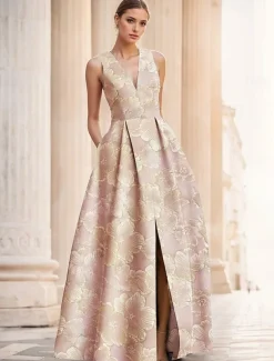 Jacquard Brocade Floral A-Line Evening Gown Elegant Dress Formal Wedding Floor Length Sleeveless V Neck Nylon with Slit Pocket Wedding Guest Dress