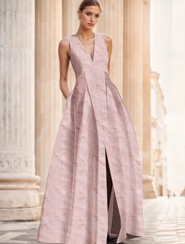 Jacquard Brocade Floral A-Line Evening Gown Elegant Dress Formal Wedding Floor Length Sleeveless V Neck Nylon with Slit Pocket Wedding Guest Dress