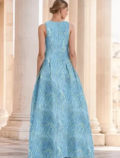 Jacquard Brocade Floral A-Line Evening Gown Elegant Dress Formal Wedding Floor Length Sleeveless V Neck Nylon with Slit Pocket Wedding Guest Dress