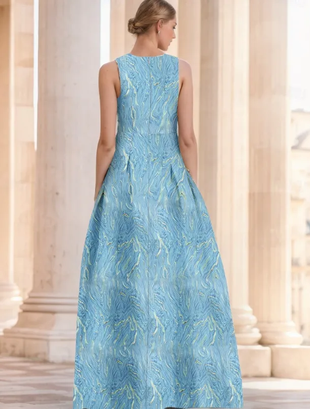 Jacquard Brocade Floral A-Line Evening Gown Elegant Dress Formal Wedding Floor Length Sleeveless V Neck Nylon with Slit Pocket Wedding Guest Dress