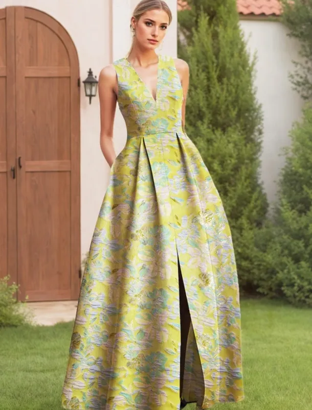 Jacquard Brocade Floral A-Line Evening Gown Elegant Dress Formal Wedding Floor Length Sleeveless V Neck Nylon with Slit Pocket Wedding Guest Dress