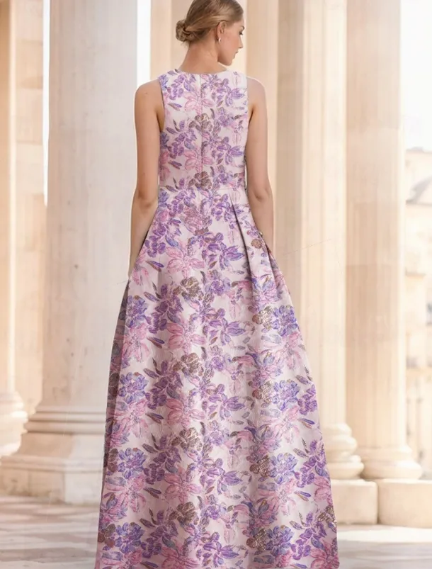 Jacquard Brocade Floral A-Line Evening Gown Elegant Dress Formal Wedding Floor Length Sleeveless V Neck Nylon with Slit Pocket Wedding Guest Dress
