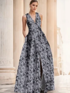 Jacquard Brocade Floral A-Line Evening Gown Elegant Dress Formal Wedding Floor Length Sleeveless V Neck Nylon with Slit Pocket Wedding Guest Dress