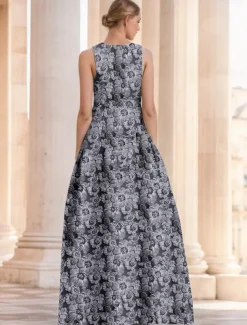 Jacquard Brocade Floral A-Line Evening Gown Elegant Dress Formal Wedding Floor Length Sleeveless V Neck Nylon with Slit Pocket Wedding Guest Dress