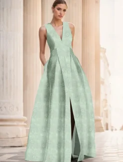 Jacquard Brocade Floral A-Line Evening Gown Elegant Dress Formal Wedding Floor Length Sleeveless V Neck Nylon with Slit Pocket Wedding Guest Dress