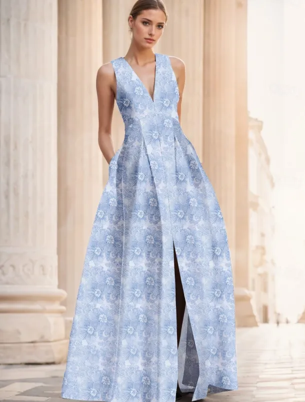 Jacquard Brocade Floral A-Line Evening Gown Elegant Dress Formal Wedding Floor Length Sleeveless V Neck Nylon with Slit Pocket Wedding Guest Dress