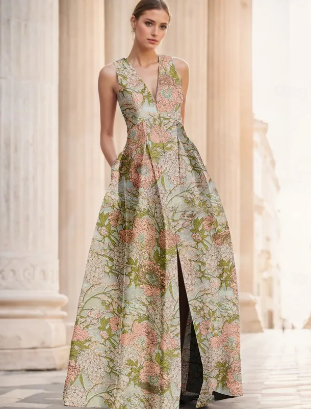 Jacquard Brocade Floral A-Line Evening Gown Elegant Dress Formal Wedding Floor Length Sleeveless V Neck Nylon with Slit Pocket Wedding Guest Dress