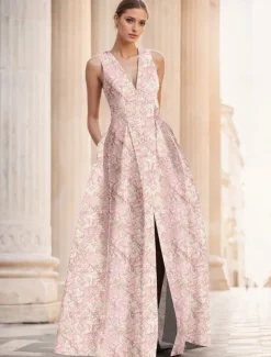 Jacquard Brocade Floral A-Line Evening Gown Elegant Dress Formal Wedding Floor Length Sleeveless V Neck Nylon with Slit Pocket Wedding Guest Dress