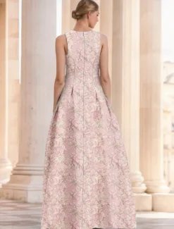 Jacquard Brocade Floral A-Line Evening Gown Elegant Dress Formal Wedding Floor Length Sleeveless V Neck Nylon with Slit Pocket Wedding Guest Dress