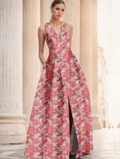 Jacquard Brocade Floral A-Line Evening Gown Elegant Dress Formal Wedding Floor Length Sleeveless V Neck Nylon with Slit Pocket Wedding Guest Dress