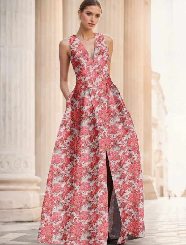 Jacquard Brocade Floral A-Line Evening Gown Elegant Dress Formal Wedding Floor Length Sleeveless V Neck Nylon with Slit Pocket Wedding Guest Dress